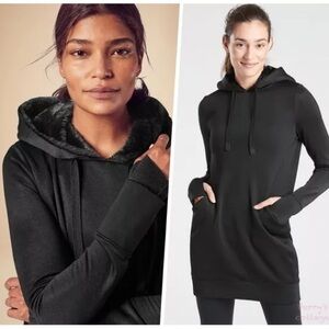 Athleta Women’s Triumph Luxe Shine Hoodie Dress Black Size Small Faux Fur